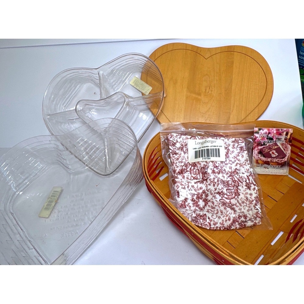 Longaberger Love Treasures Sweetheart Basket Set 1999 Red Heart Wood Lid LinerEX